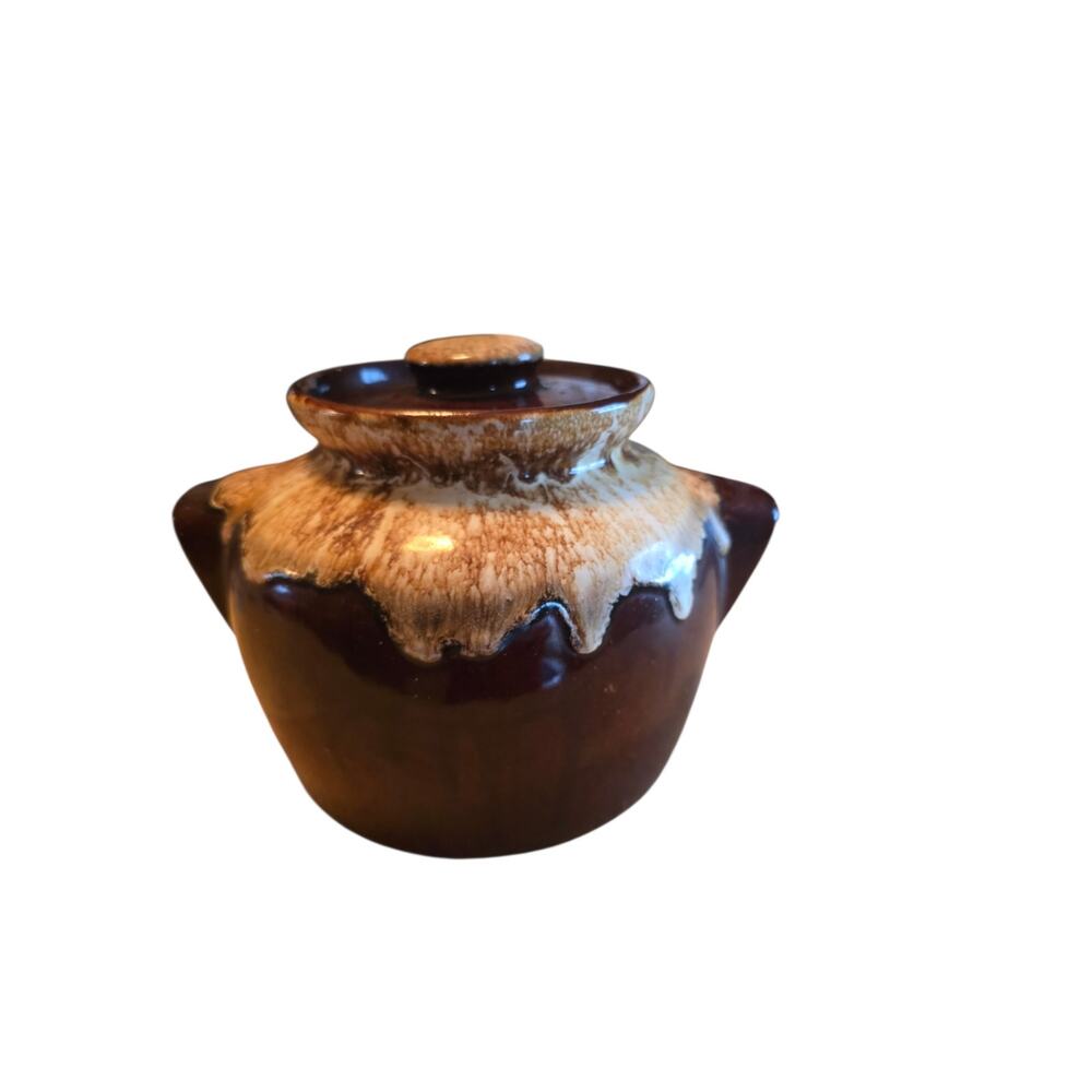 Vintage Brown Drip Stoneware Bean Pot Has Lid